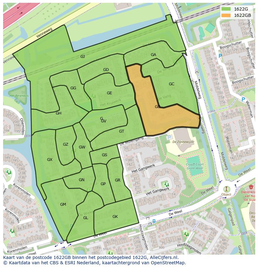 Afbeelding van het postcodegebied 1622 GB op de kaart.