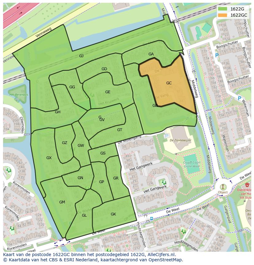 Afbeelding van het postcodegebied 1622 GC op de kaart.