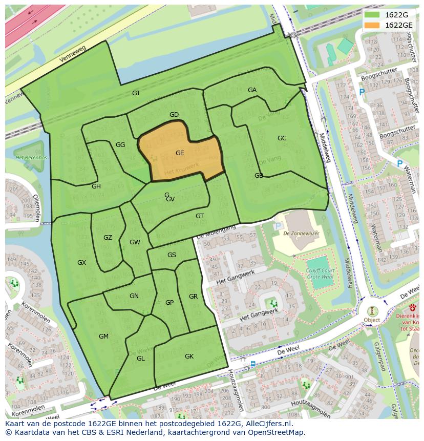 Afbeelding van het postcodegebied 1622 GE op de kaart.