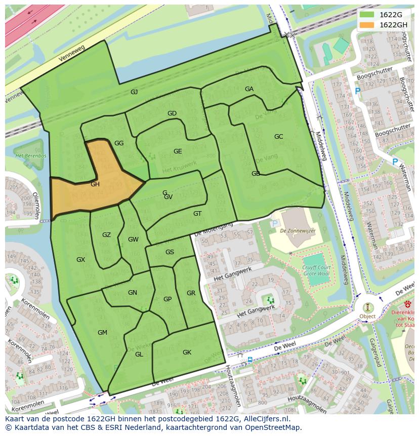 Afbeelding van het postcodegebied 1622 GH op de kaart.