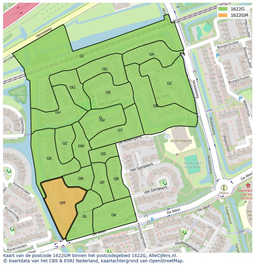 Afbeelding van het postcodegebied 1622 GM op de kaart.