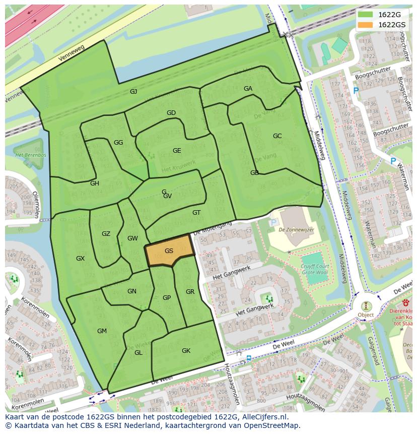 Afbeelding van het postcodegebied 1622 GS op de kaart.