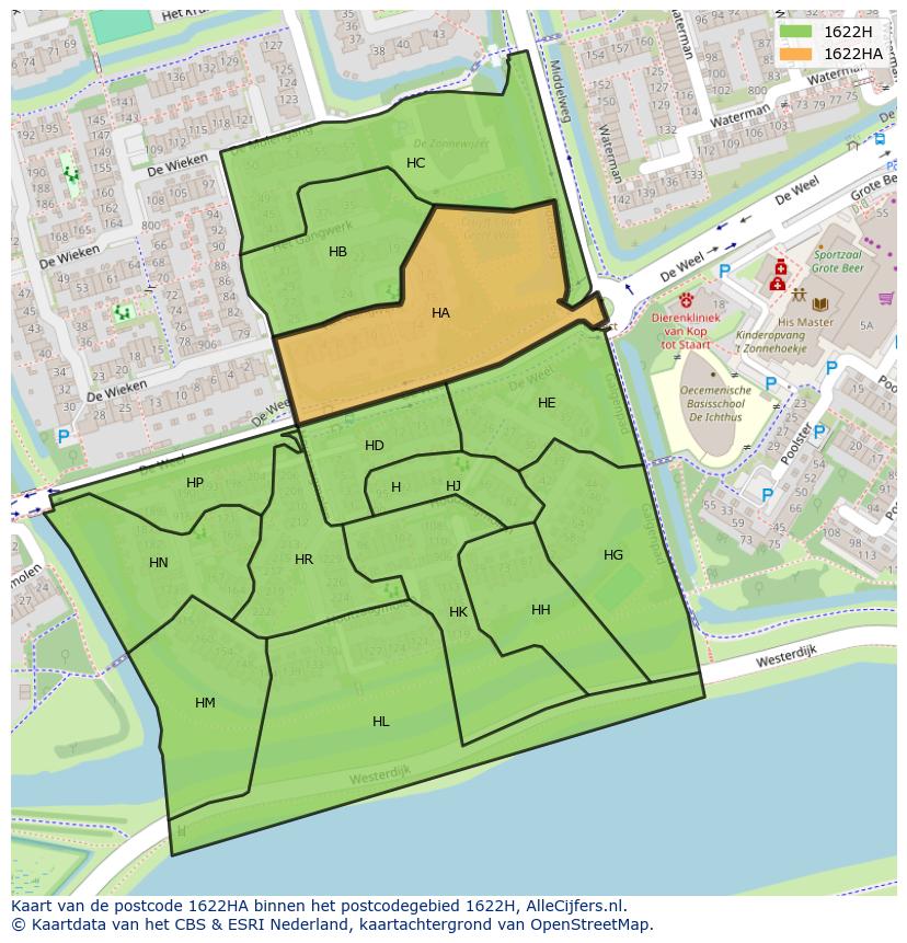 Afbeelding van het postcodegebied 1622 HA op de kaart.
