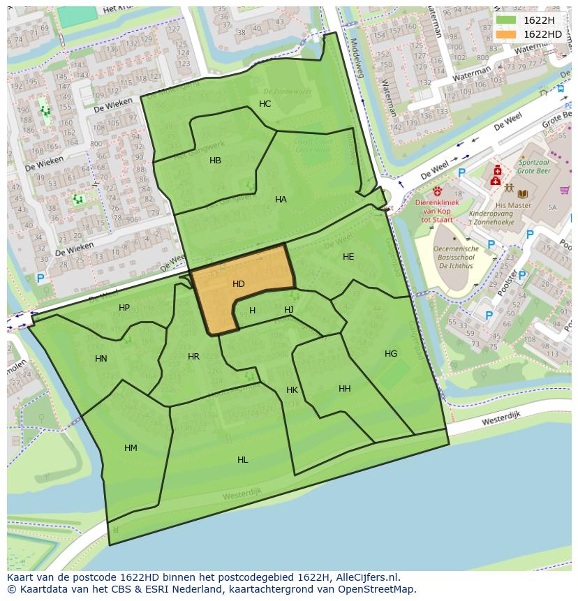Afbeelding van het postcodegebied 1622 HD op de kaart.