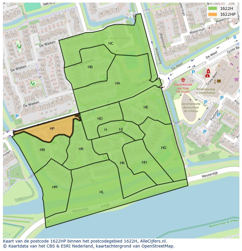 Afbeelding van het postcodegebied 1622 HP op de kaart.