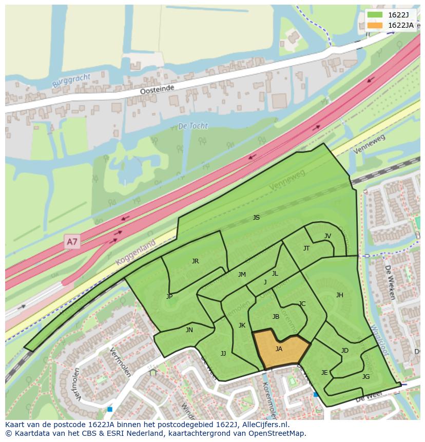 Afbeelding van het postcodegebied 1622 JA op de kaart.