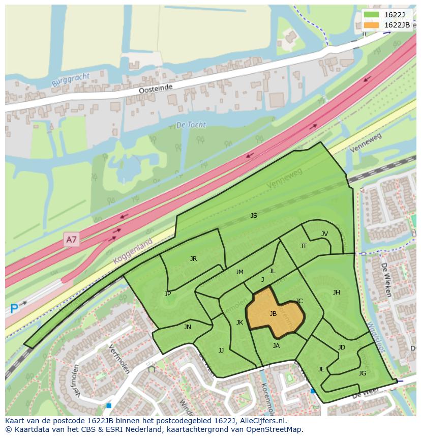 Afbeelding van het postcodegebied 1622 JB op de kaart.