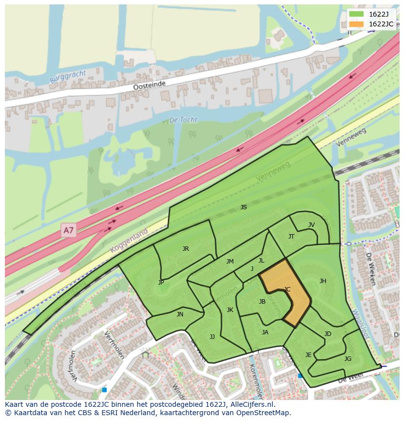 Afbeelding van het postcodegebied 1622 JC op de kaart.