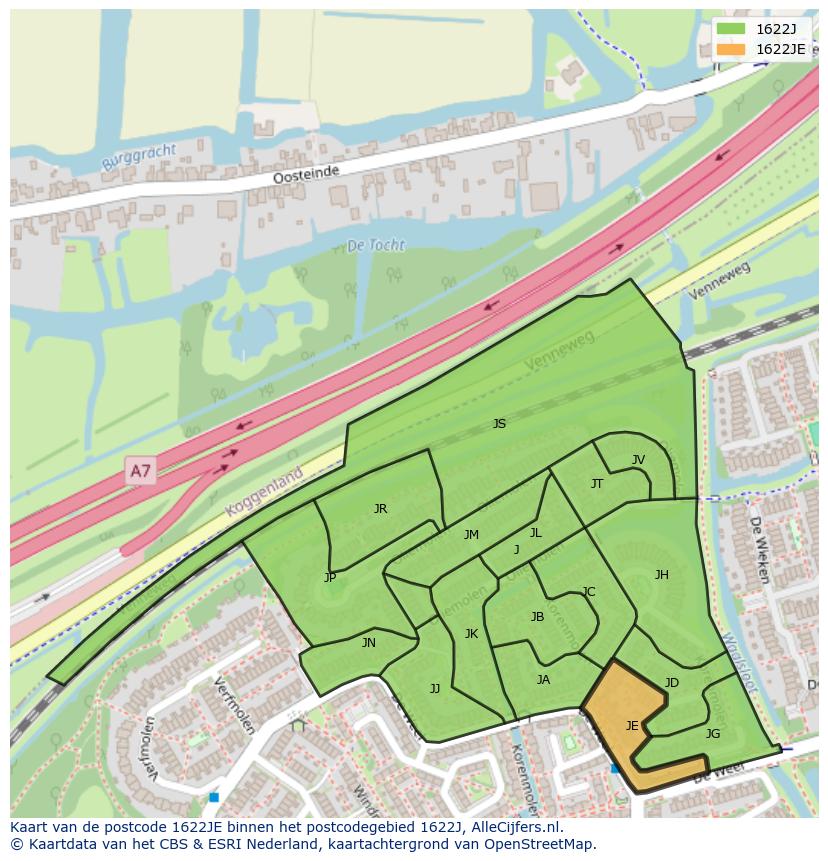 Afbeelding van het postcodegebied 1622 JE op de kaart.