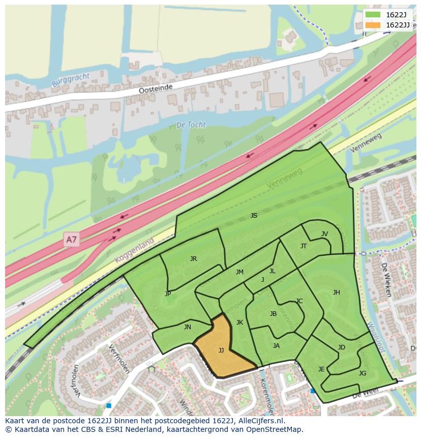 Afbeelding van het postcodegebied 1622 JJ op de kaart.