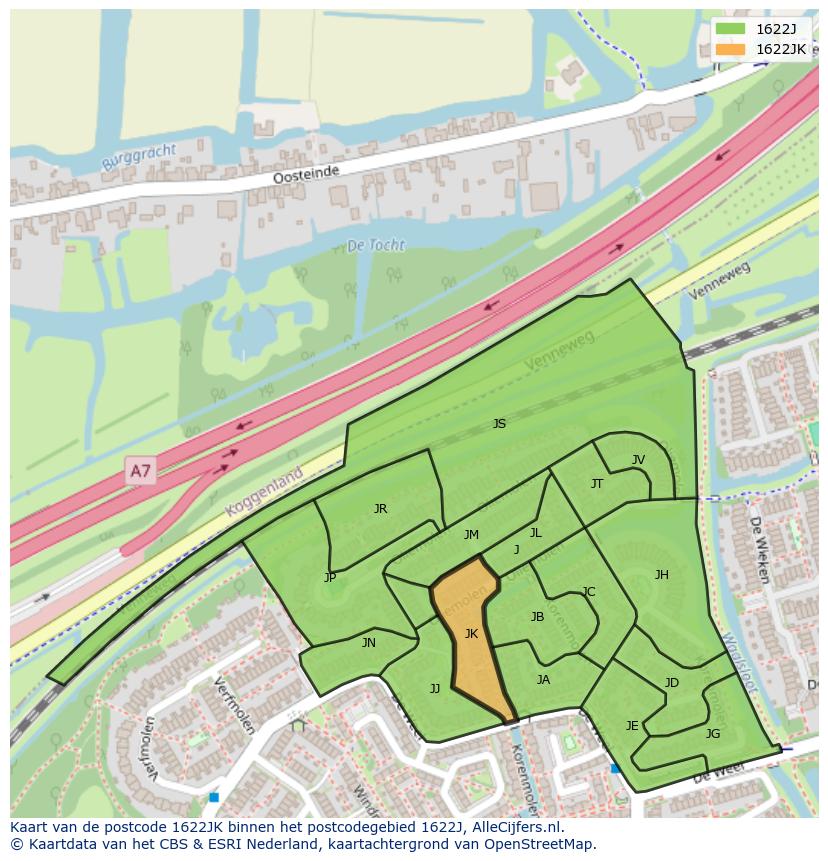Afbeelding van het postcodegebied 1622 JK op de kaart.