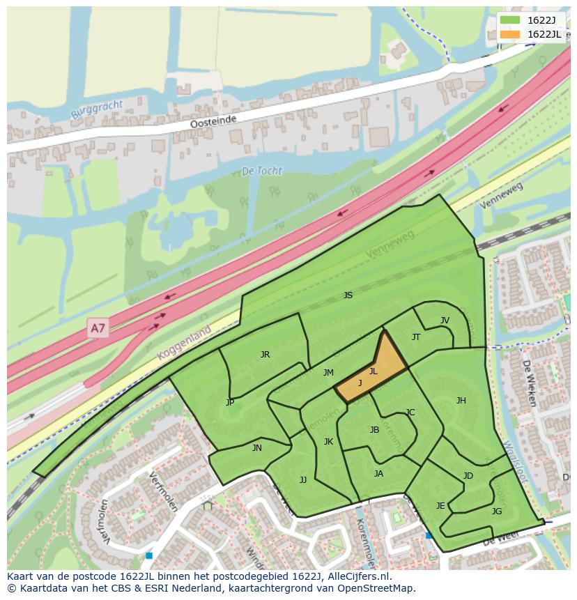 Afbeelding van het postcodegebied 1622 JL op de kaart.