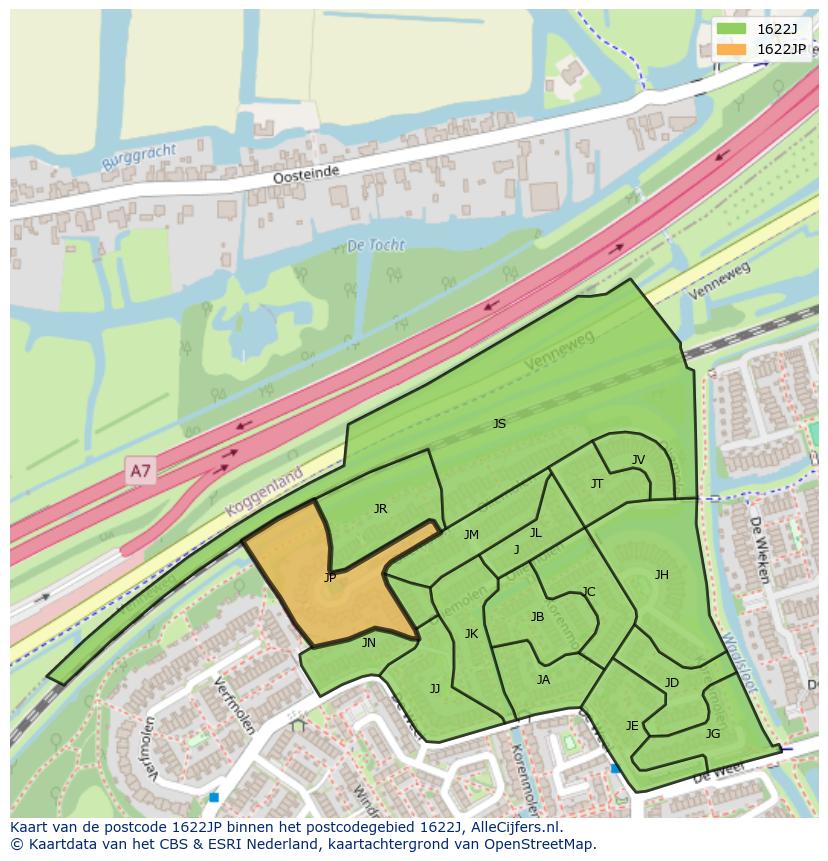 Afbeelding van het postcodegebied 1622 JP op de kaart.