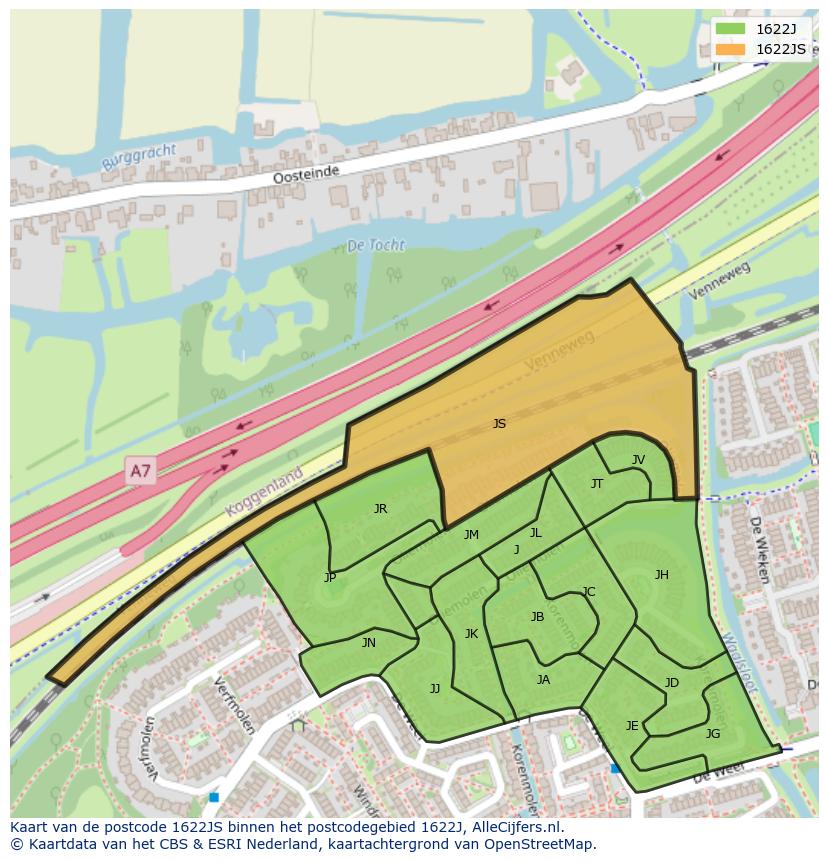 Afbeelding van het postcodegebied 1622 JS op de kaart.