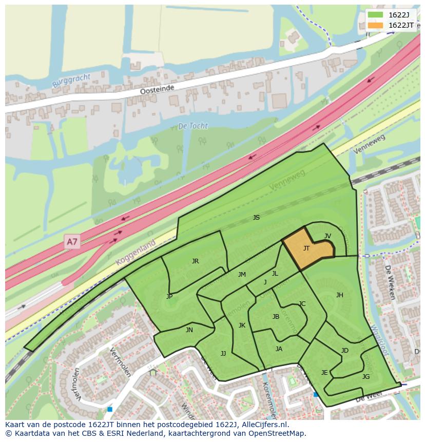 Afbeelding van het postcodegebied 1622 JT op de kaart.