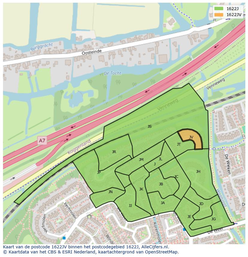 Afbeelding van het postcodegebied 1622 JV op de kaart.