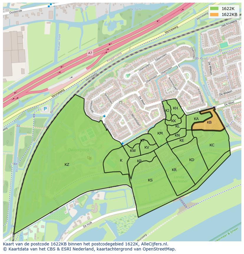Afbeelding van het postcodegebied 1622 KB op de kaart.