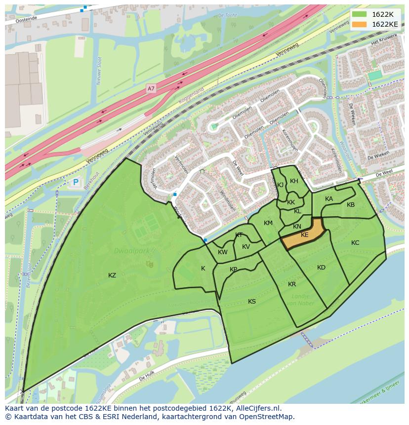 Afbeelding van het postcodegebied 1622 KE op de kaart.