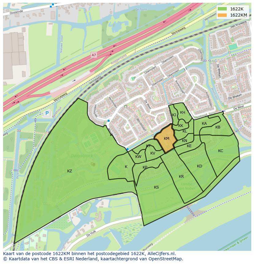 Afbeelding van het postcodegebied 1622 KM op de kaart.