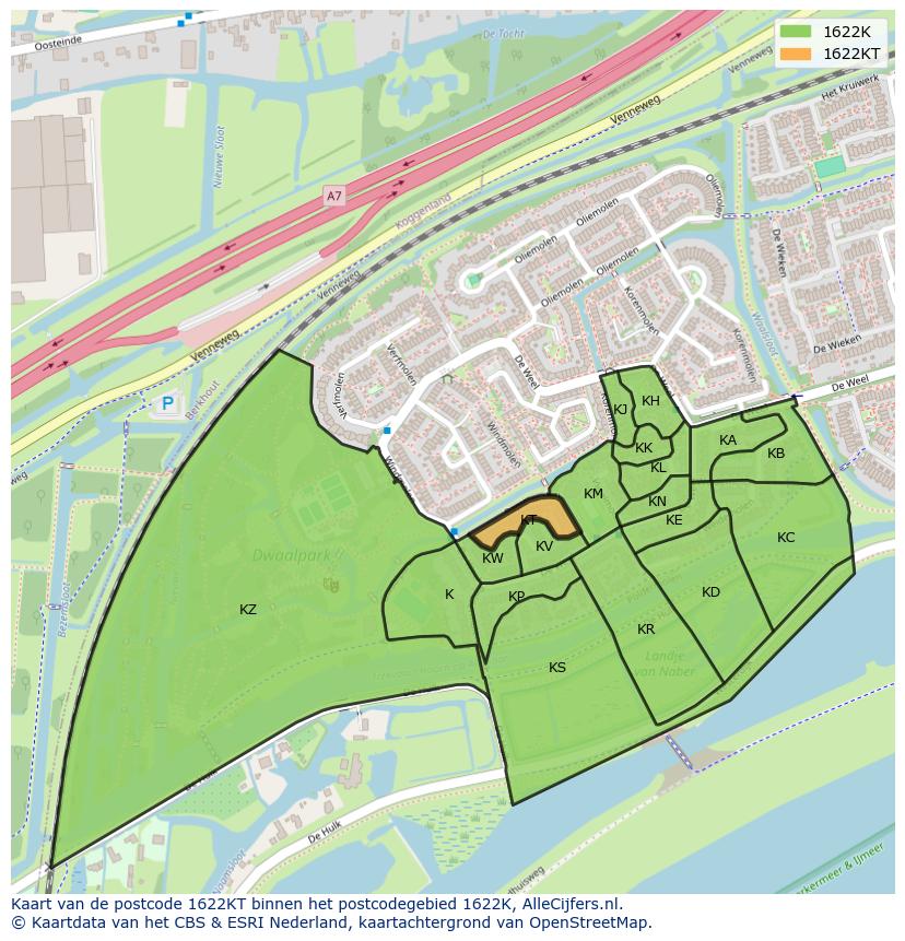 Afbeelding van het postcodegebied 1622 KT op de kaart.