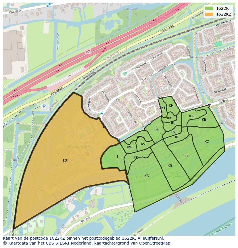 Afbeelding van het postcodegebied 1622 KZ op de kaart.