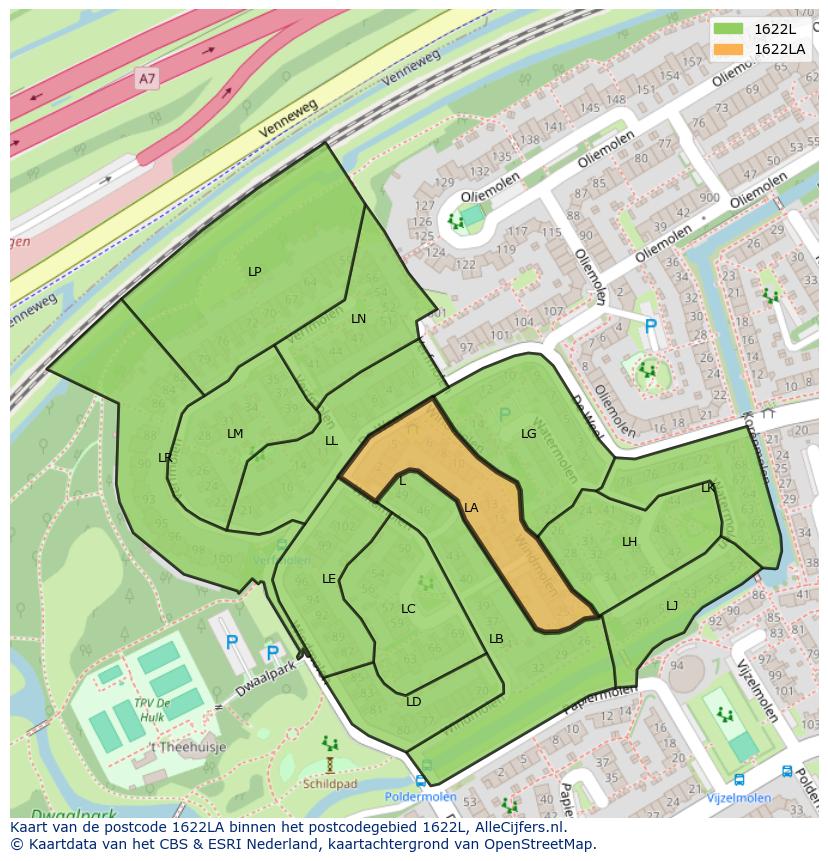 Afbeelding van het postcodegebied 1622 LA op de kaart.