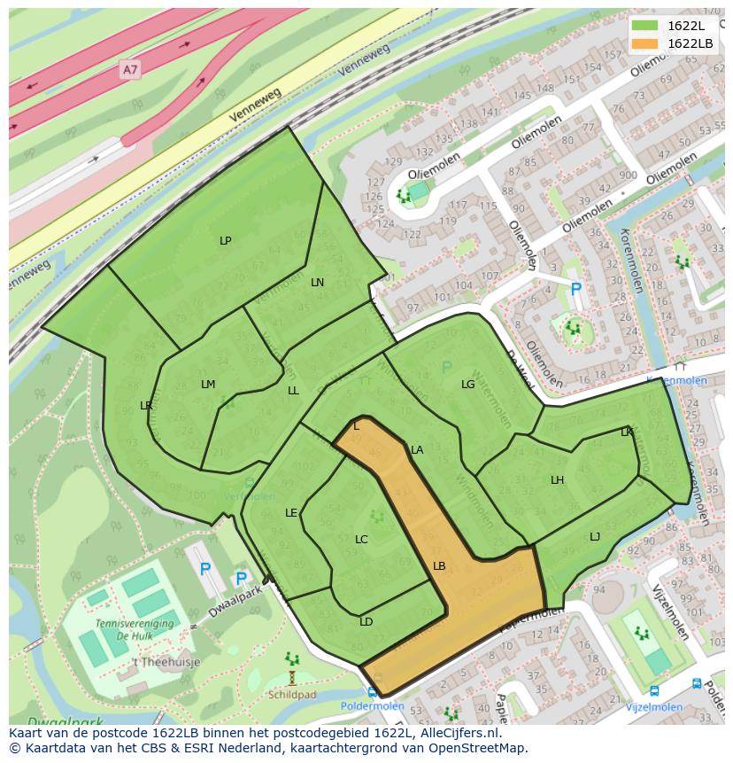 Afbeelding van het postcodegebied 1622 LB op de kaart.