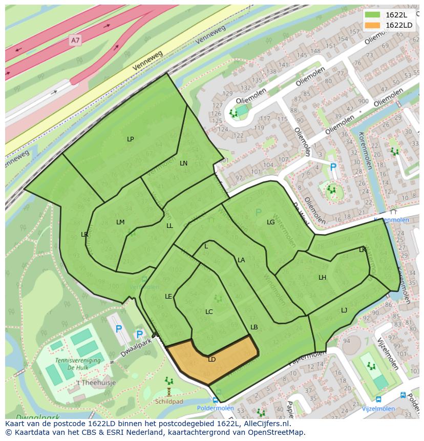 Afbeelding van het postcodegebied 1622 LD op de kaart.