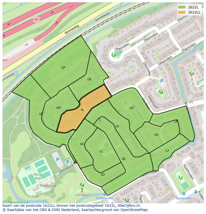 Afbeelding van het postcodegebied 1622 LL op de kaart.