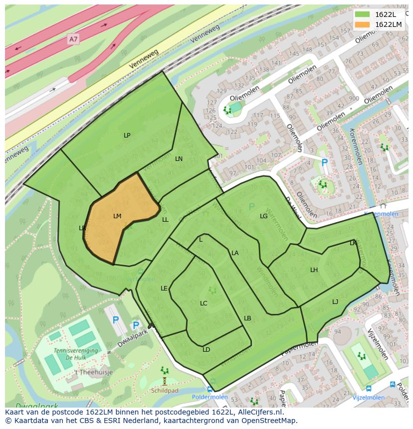Afbeelding van het postcodegebied 1622 LM op de kaart.