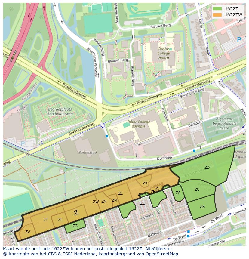 Afbeelding van het postcodegebied 1622 ZW op de kaart.