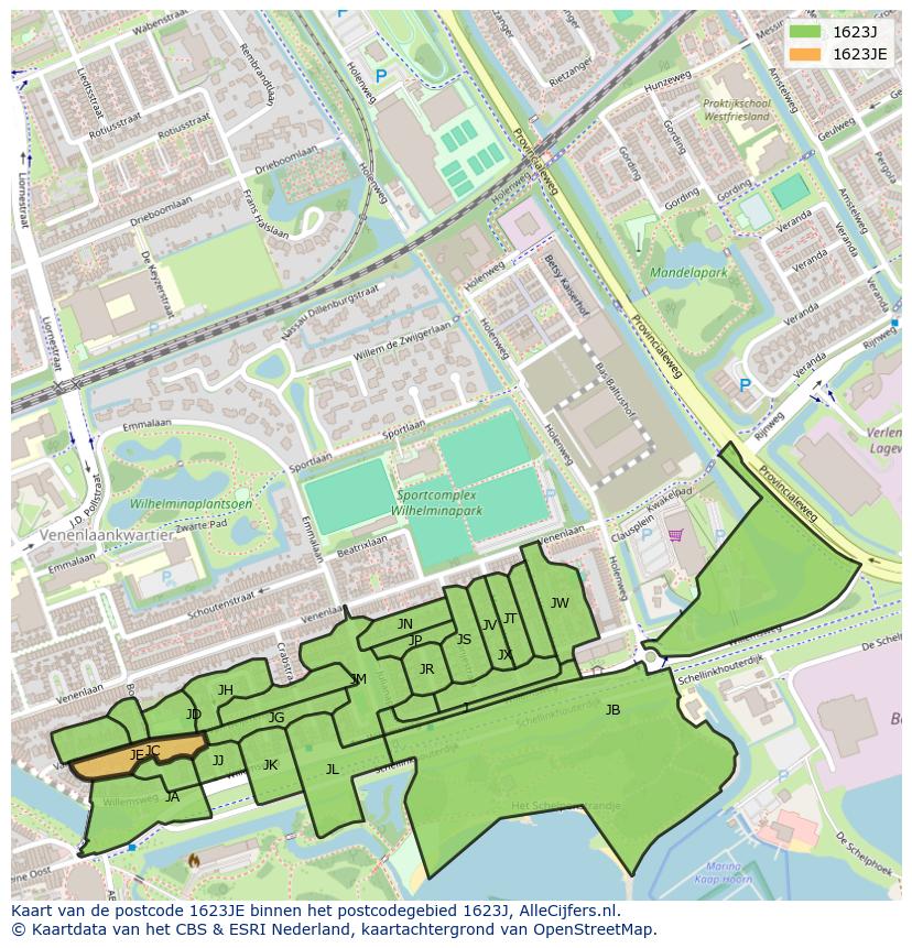 Afbeelding van het postcodegebied 1623 JE op de kaart.