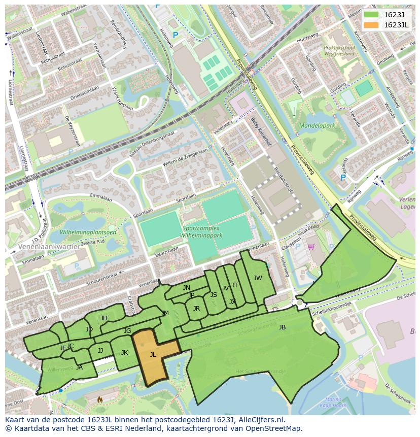Afbeelding van het postcodegebied 1623 JL op de kaart.