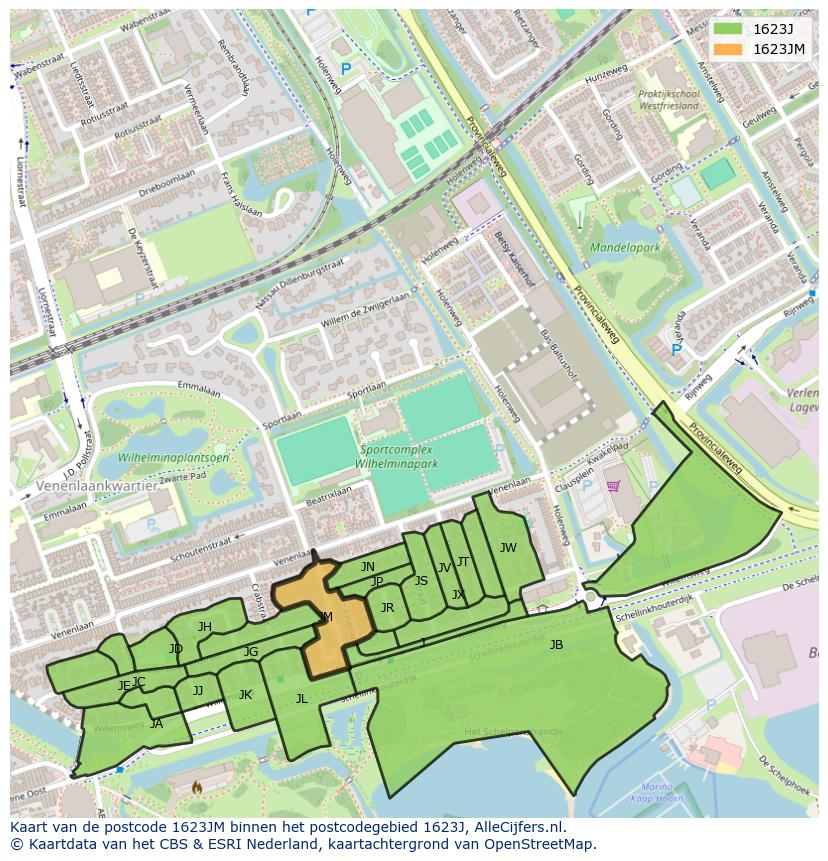 Afbeelding van het postcodegebied 1623 JM op de kaart.
