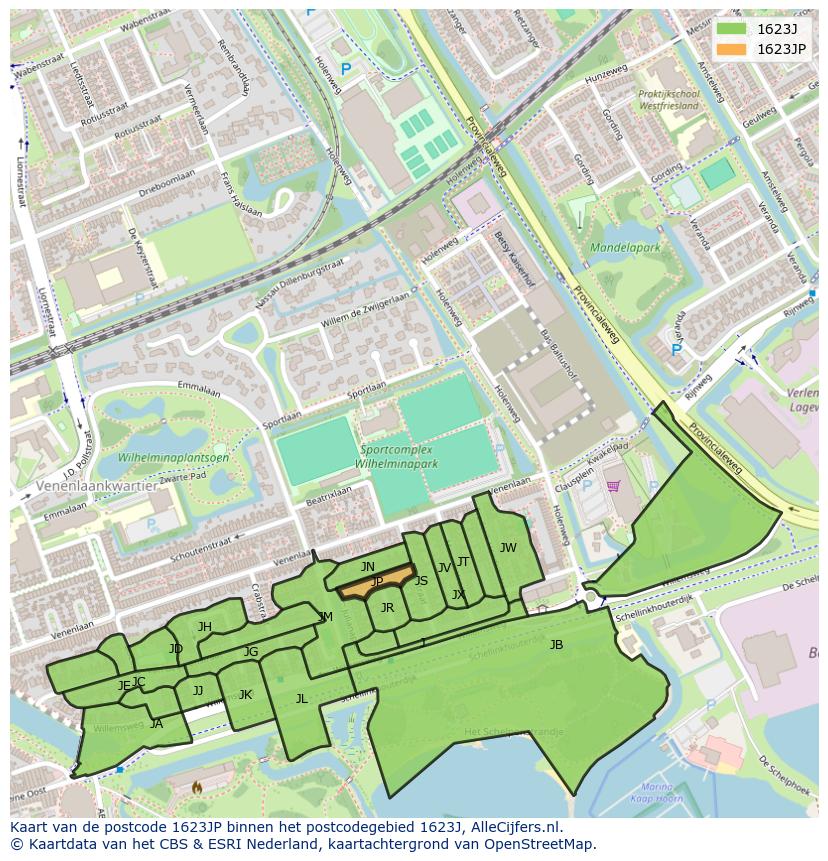 Afbeelding van het postcodegebied 1623 JP op de kaart.