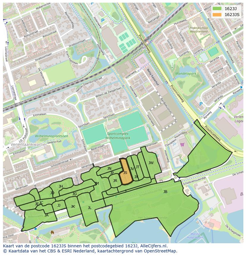 Afbeelding van het postcodegebied 1623 JS op de kaart.