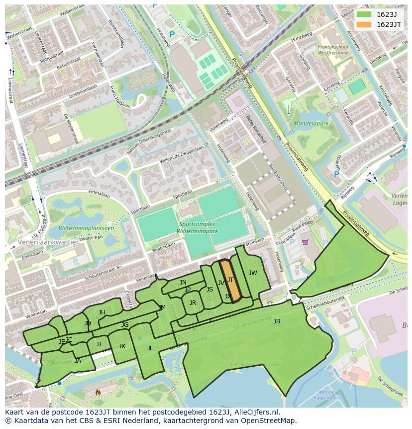 Afbeelding van het postcodegebied 1623 JT op de kaart.