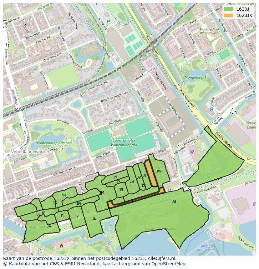 Afbeelding van het postcodegebied 1623 JX op de kaart.