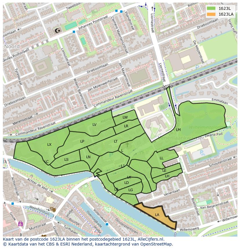 Afbeelding van het postcodegebied 1623 LA op de kaart.
