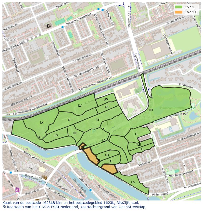 Afbeelding van het postcodegebied 1623 LB op de kaart.