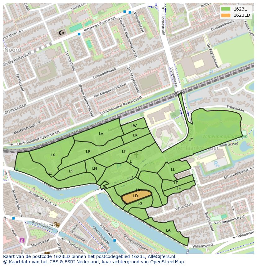 Afbeelding van het postcodegebied 1623 LD op de kaart.