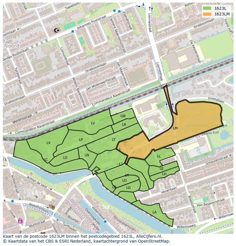 Afbeelding van het postcodegebied 1623 LM op de kaart.