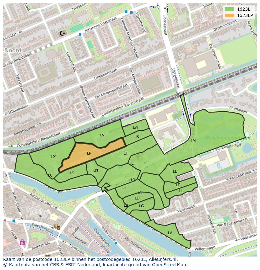 Afbeelding van het postcodegebied 1623 LP op de kaart.