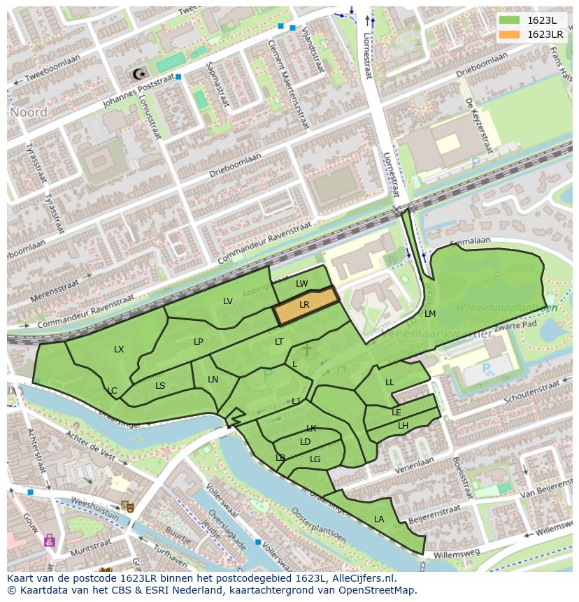 Afbeelding van het postcodegebied 1623 LR op de kaart.
