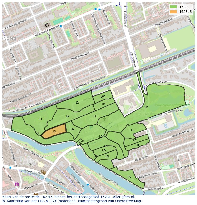 Afbeelding van het postcodegebied 1623 LS op de kaart.