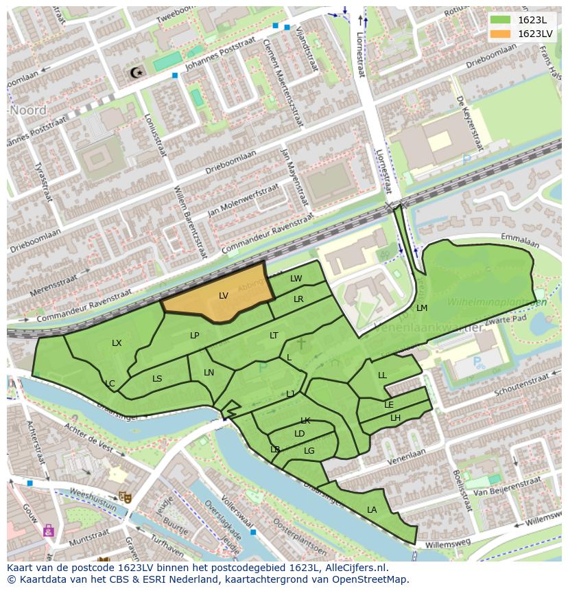 Afbeelding van het postcodegebied 1623 LV op de kaart.