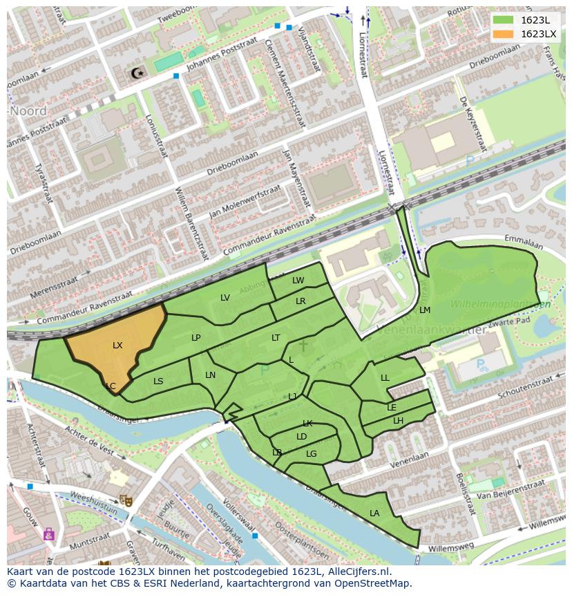 Afbeelding van het postcodegebied 1623 LX op de kaart.