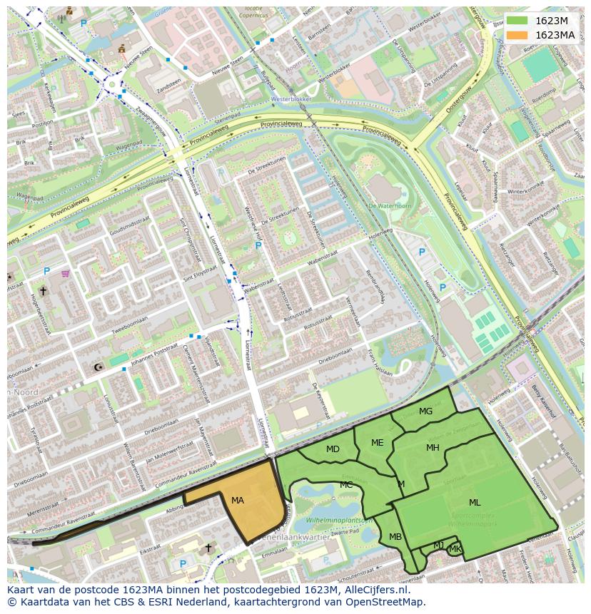 Afbeelding van het postcodegebied 1623 MA op de kaart.