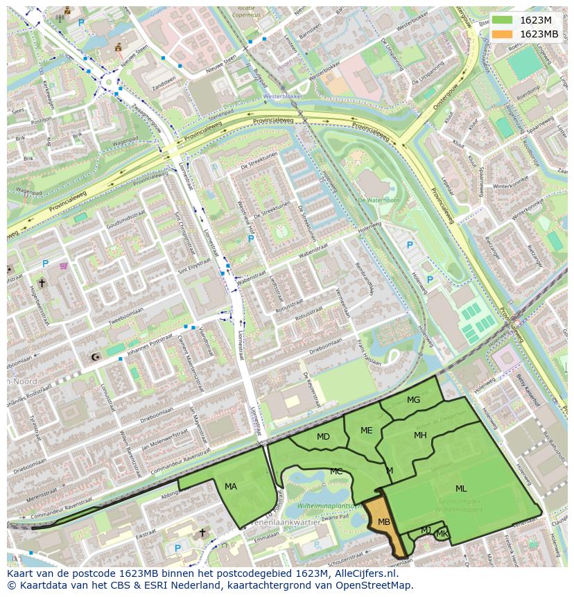 Afbeelding van het postcodegebied 1623 MB op de kaart.
