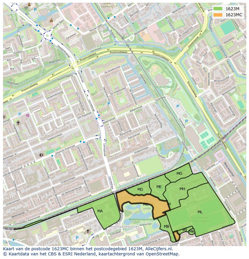 Afbeelding van het postcodegebied 1623 MC op de kaart.